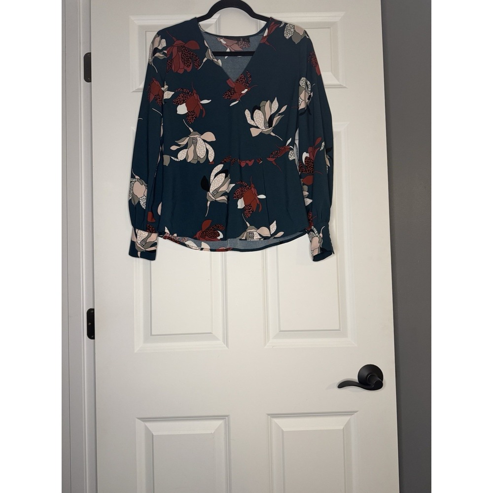 Anthropologie Halogen Long Sleeve V Neck Top XS Green Multicolor Floral